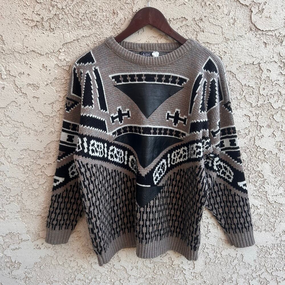 Vintage Geometric Knit Leather Sweater Size XL